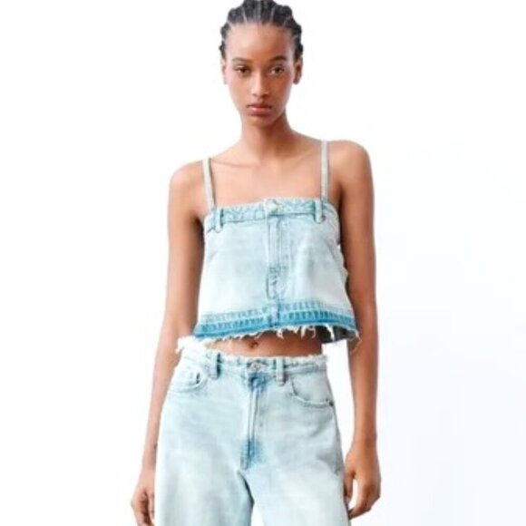 ZARA DENIM SKIRT CAMI STRAP RAW EDGE CROP TOP SIZE MEDIUM NWT - Picture 1 of 6